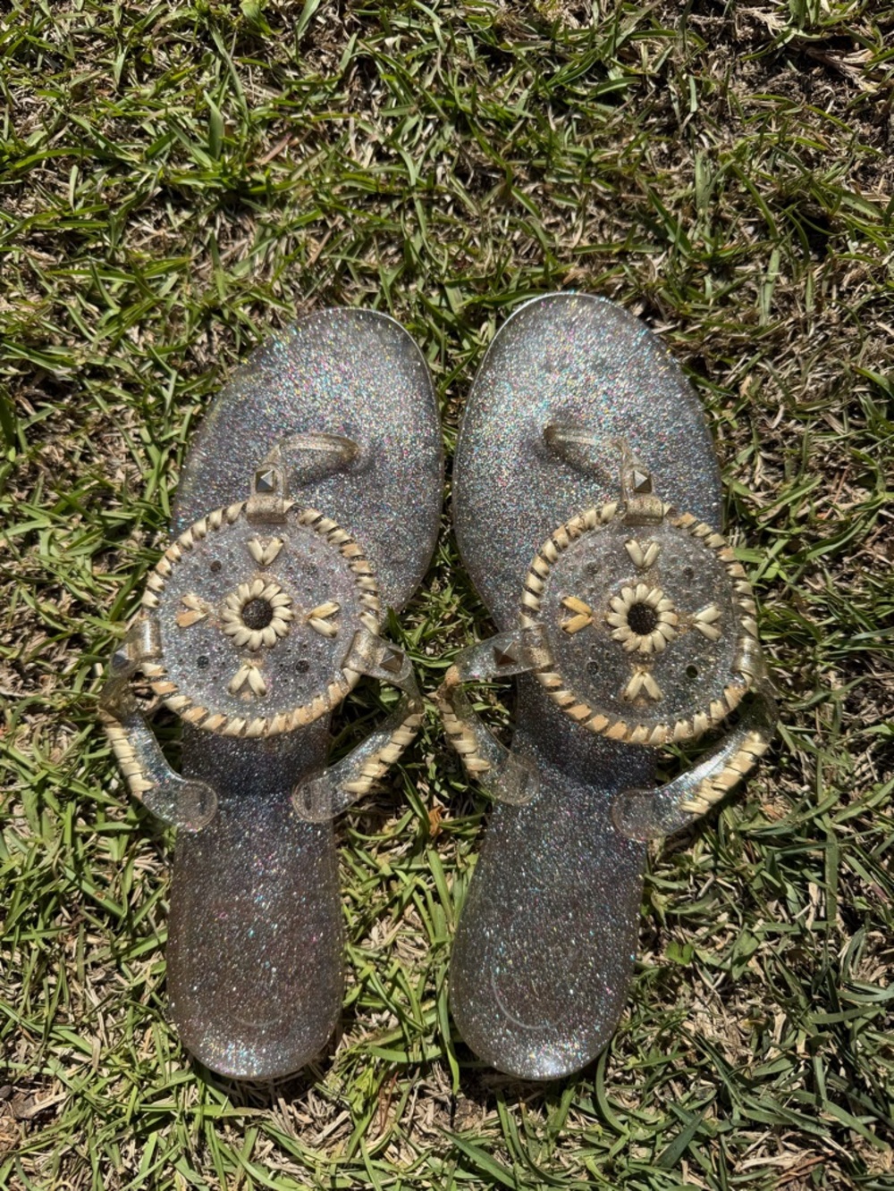 Jack Rogers Clear Glitter Jelly Sandals with Gold Rope Medallion